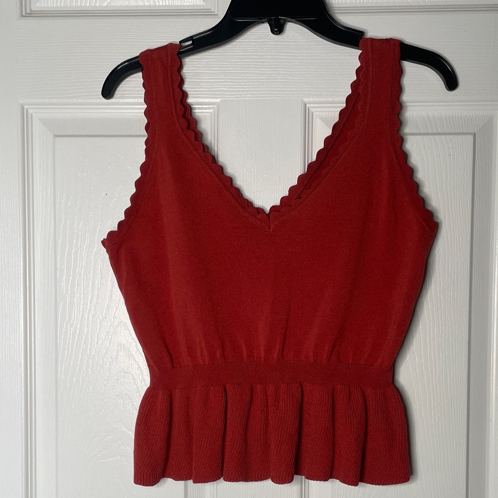 Express Red Scalloped V-Neck Peplum Tank Top
